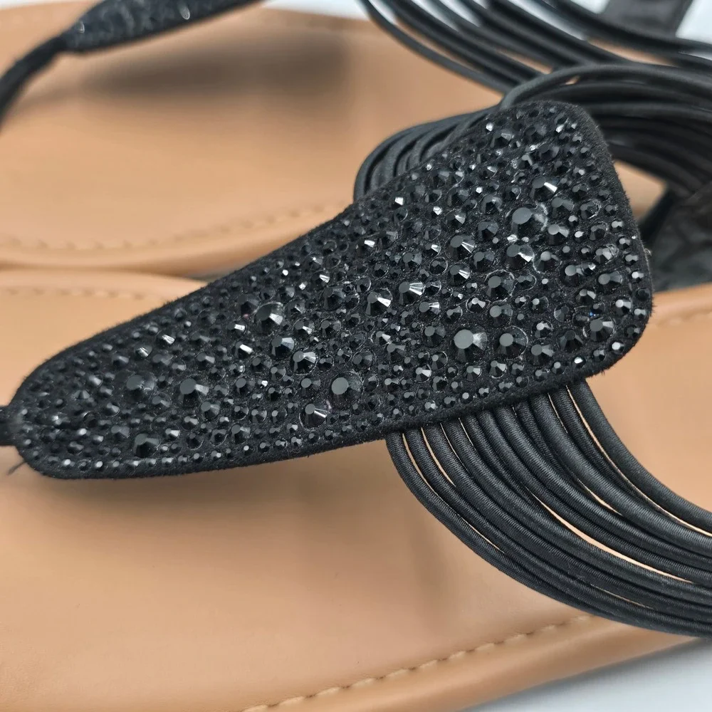 Torrid Sandals Women 10 Rhinestone Thong Slingback Black Elastic Strappy Glam